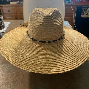 NWT Forever 21 100% tan straw hat with black cording and silver bead decor.
